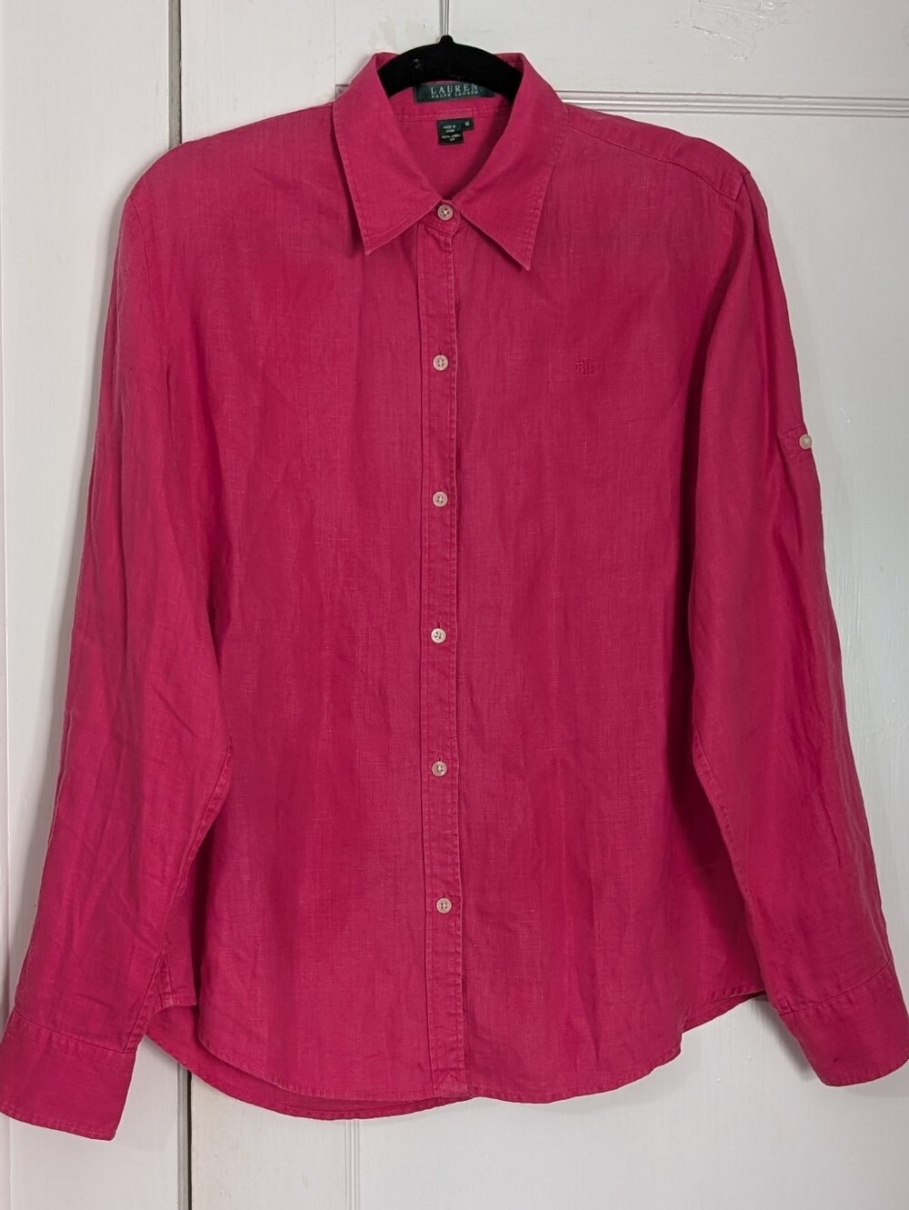 Lauren Ralph Lauren 100% Linen Women's Sz M Button Up Shirt Hot Pink Vtg Fuchsia